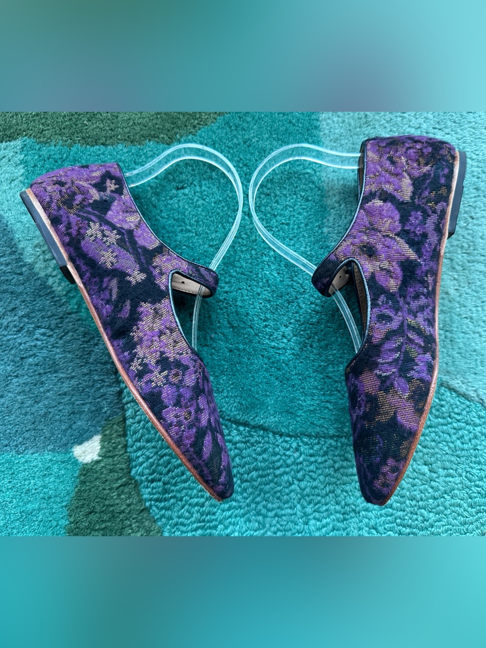 SOLD!! Fluevog Softly Pirouette purple floral wool silver buckle MJ flat- 7 - Picture 11 of 16